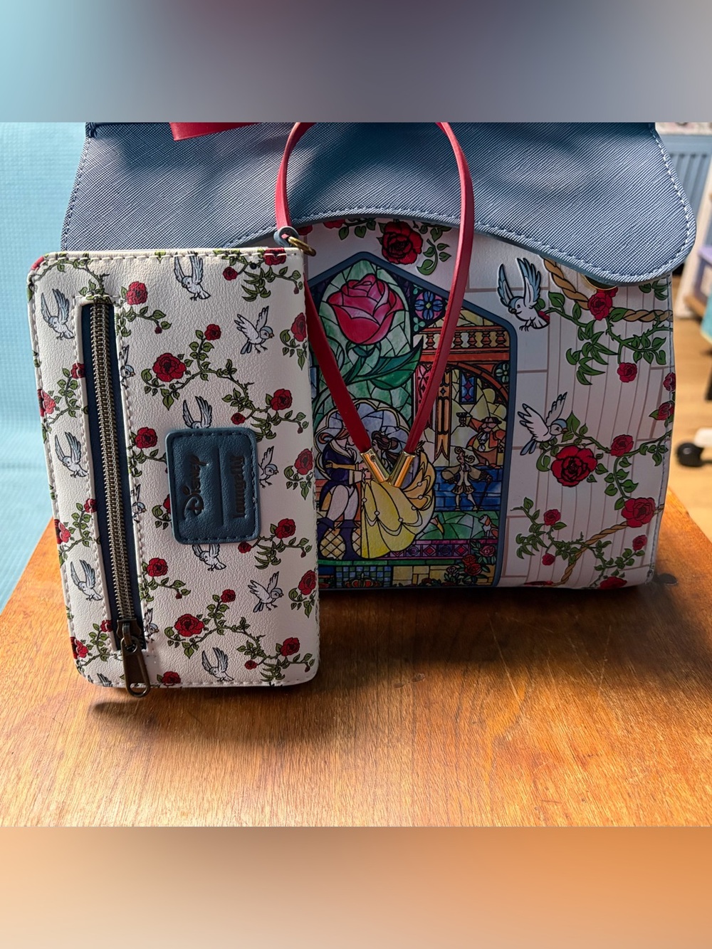 Loungefly Beauty and the Beast blue, Stained Glass purse and wallet - Picture 5 of 6